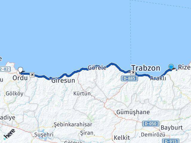 Rize Derepazarı Ordu Arası Kaç Km - Yol Haritası