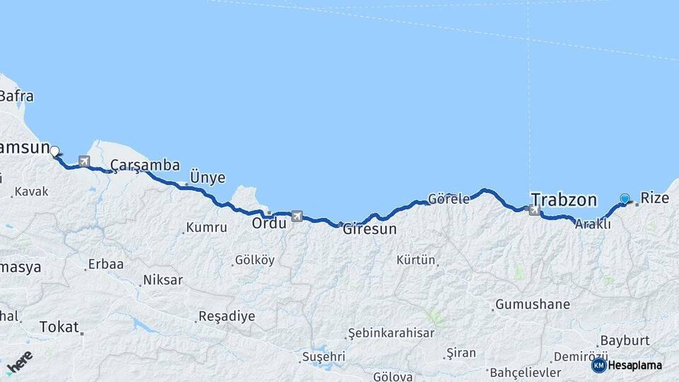 Rize Derepazarı Samsun Arası Kaç Km - Yol Haritası