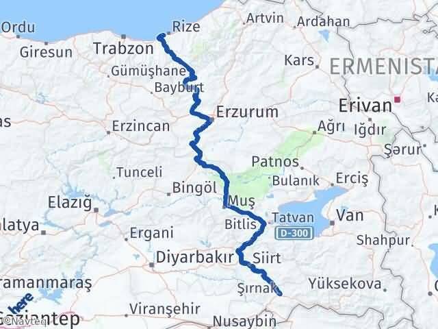 Rize Derepazarı Şırnak Arası Kaç Km - Yol Haritası