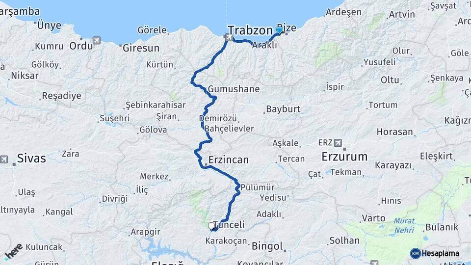 Rize Derepazarı Tunceli Arası Kaç Km - Yol Haritası