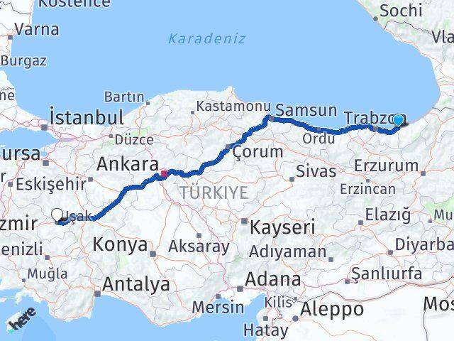 Rize Derepazarı Uşak Arası Kaç Km - Yol Haritası