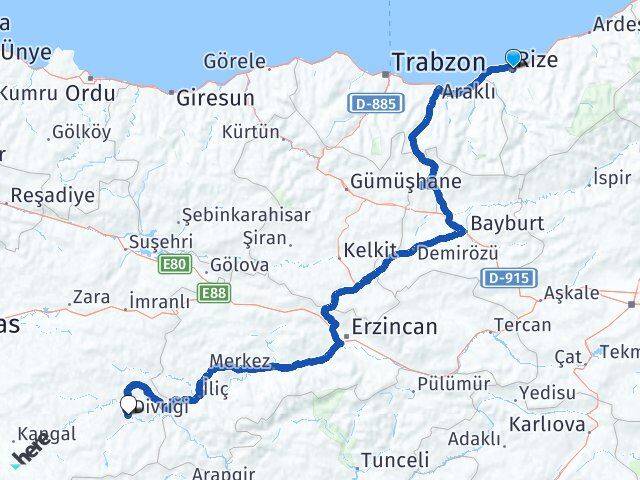 Rize Divriği Sivas Arası Kaç Km - Yol Haritası