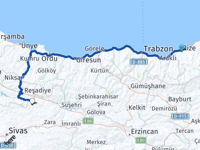 Rize Doğanşar Sivas Arası Kaç Km - Yol Haritası