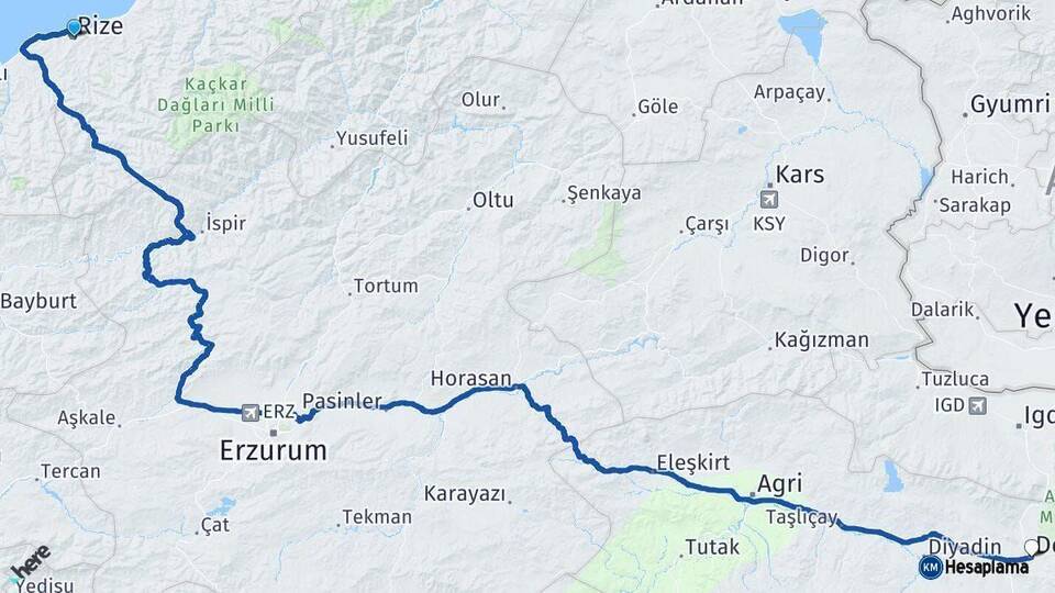 Rize Doğubayazıt Ağrı Arası Kaç Km - Yol Haritası