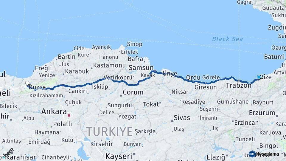 Rize Düzce Arası Kaç Km - Yol Haritası