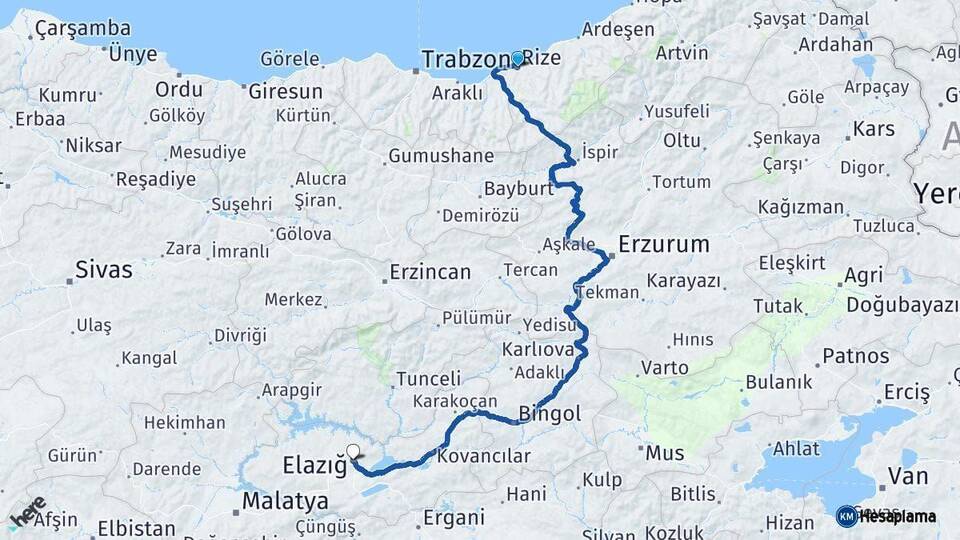 Rize Elazığ Arası Kaç Km - Yol Haritası