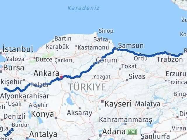 Rize Emet Kütahya Arası Kaç Km - Yol Haritası