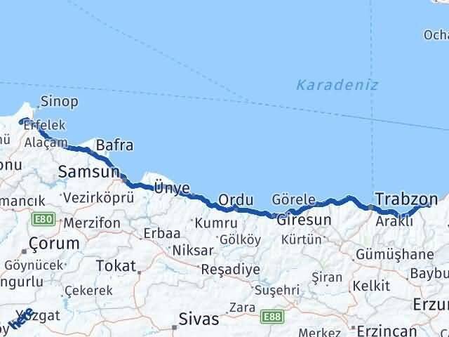 Rize Erfelek Sinop Arası Kaç Km - Yol Haritası