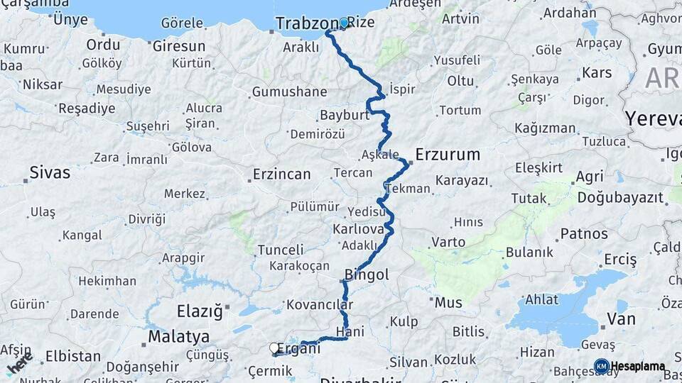 Rize Ergani Diyarbakır Arası Kaç Km - Yol Haritası
