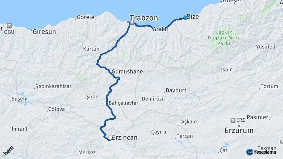 Rize Erzincan Arası Kaç Km - Yol Haritası