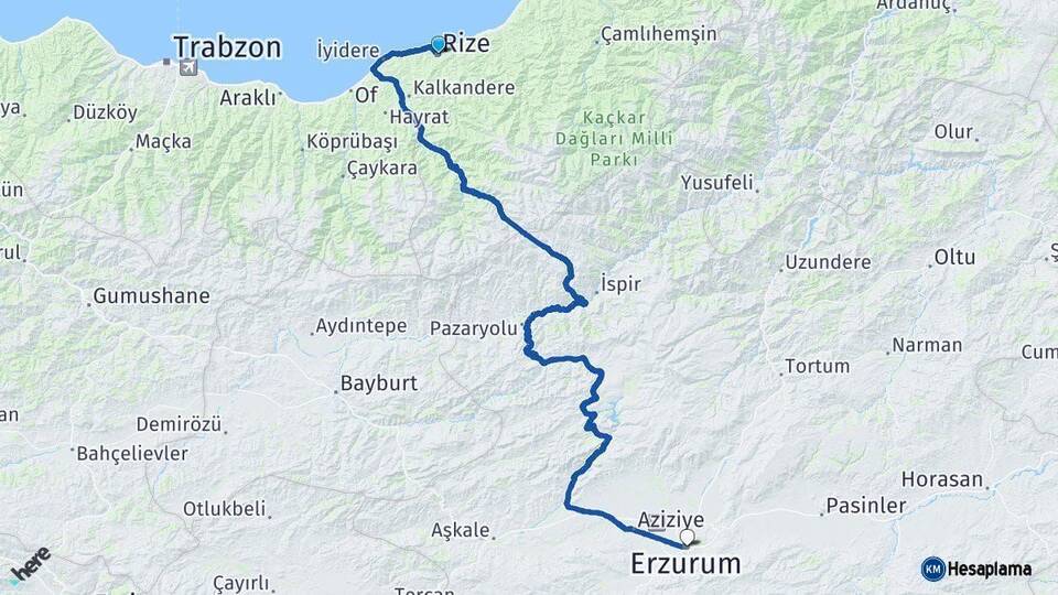 Rize Erzurum Arası Kaç Km - Yol Haritası