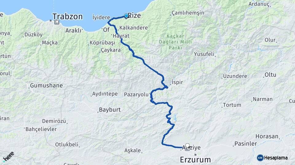Rize Erzurum Havalimanı Arası Kaç Km - Yol Haritası