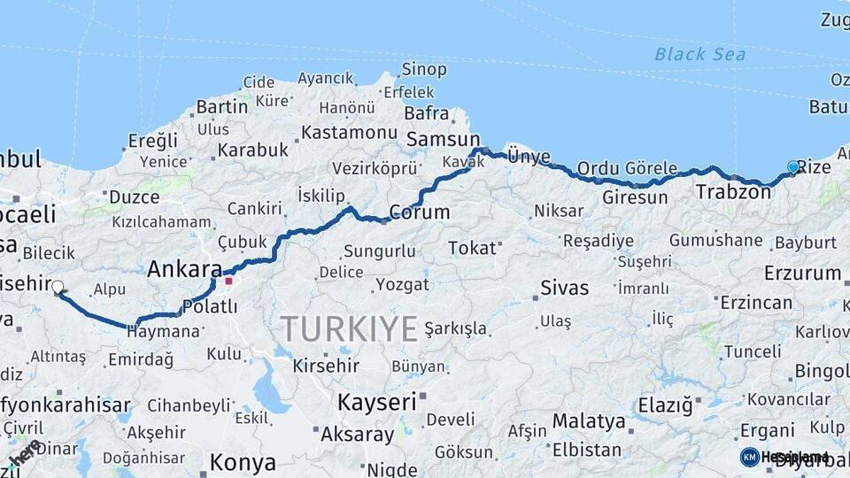 Rize Eskişehir Arası Kaç Km - Yol Haritası