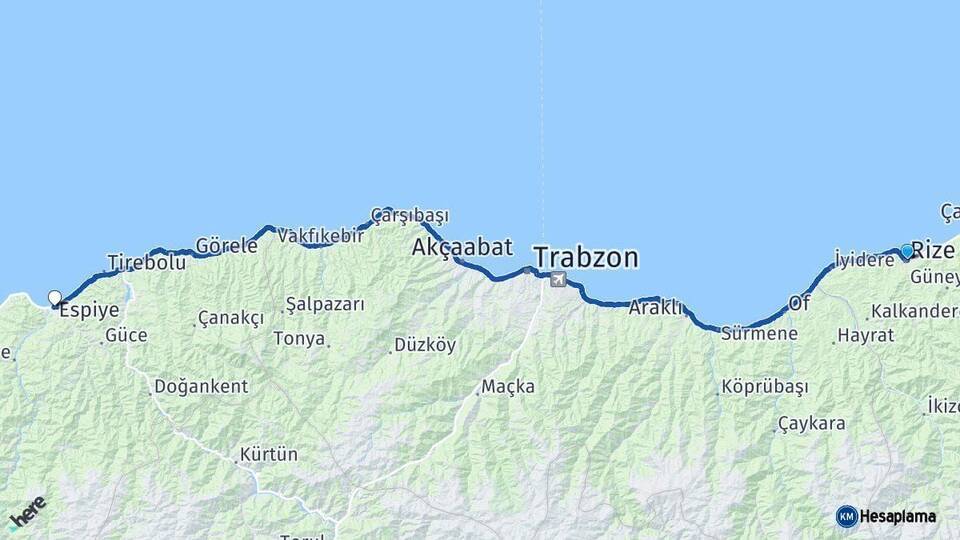 Rize Espiye Giresun Arası Kaç Km - Yol Haritası