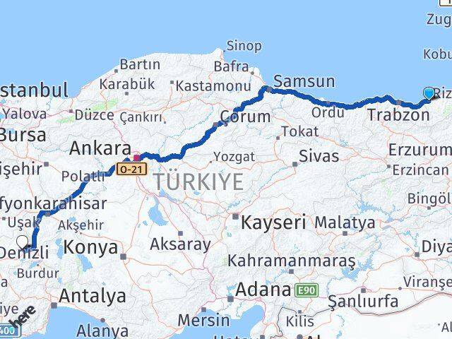 Rize Evciler Afyonkarahisar Arası Kaç Km - Yol Haritası