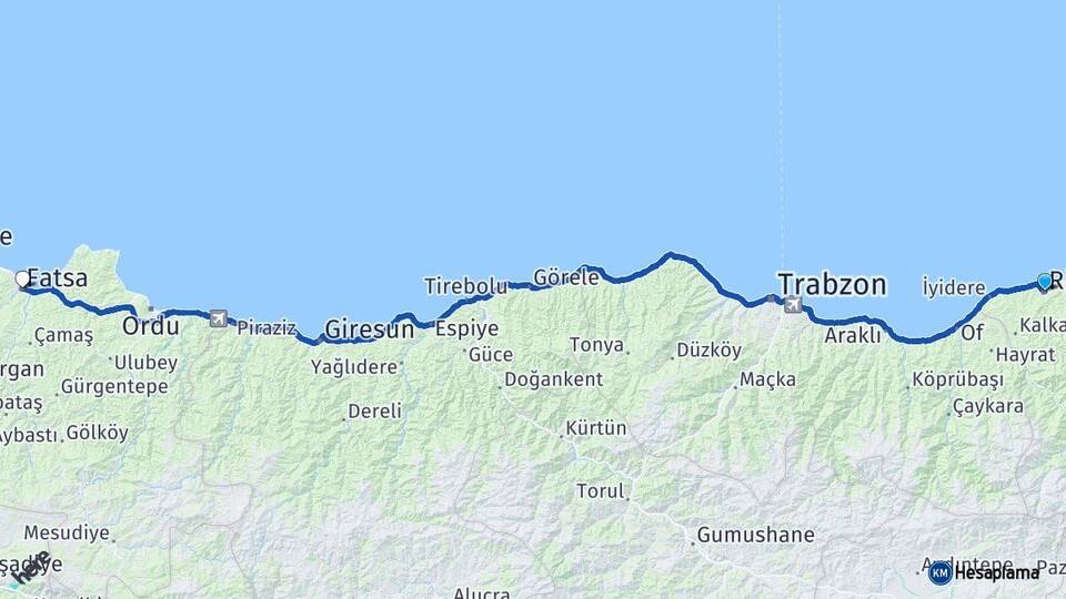 Rize Fatsa Ordu Arası Kaç Km - Yol Haritası