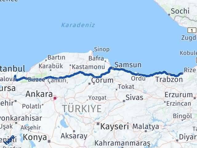 Rize Ferizli Sakarya Arası Kaç Km - Yol Haritası
