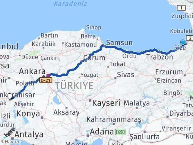 Rize Fındıklı Afyonkarahisar Arası Kaç Km - Yol Haritası