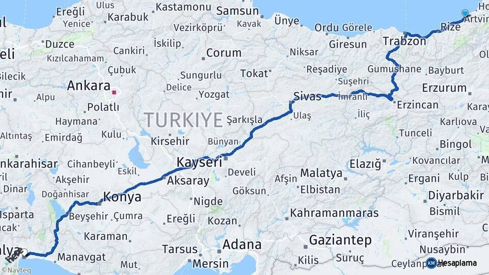 Rize Fındıklı Antalya Arası Kaç Km - Yol Haritası