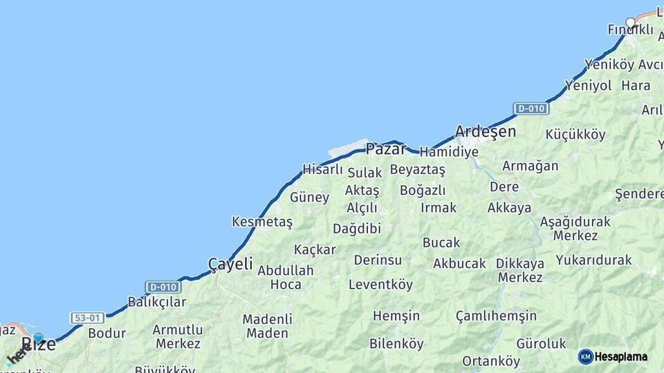 Rize Fındıklı Arası Kaç Km - Yol Haritası