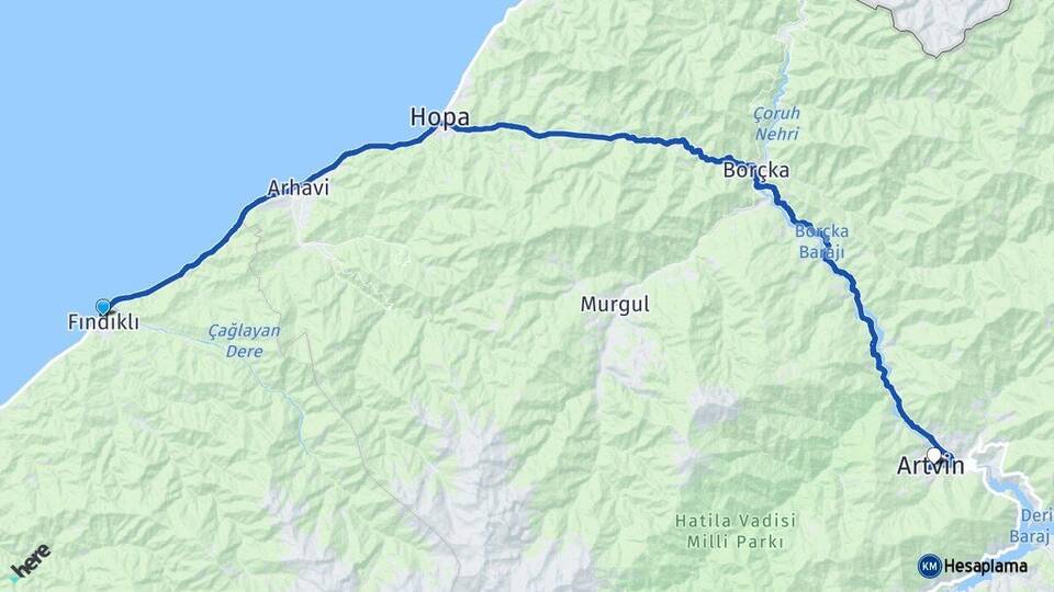 Rize Fındıklı Artvin Arası Kaç Km - Yol Haritası