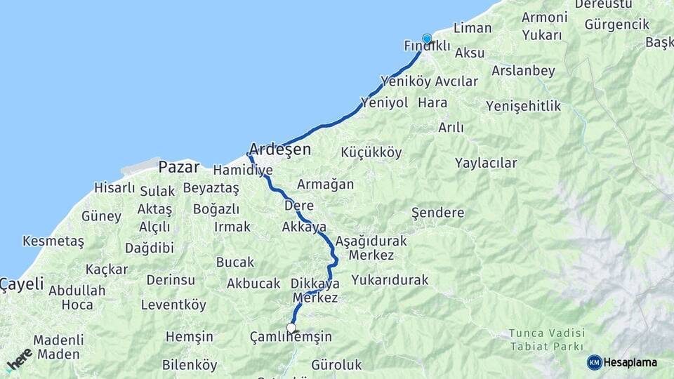 Rize Fındıklı Çamlıhemşin Arası Kaç Km - Yol Haritası