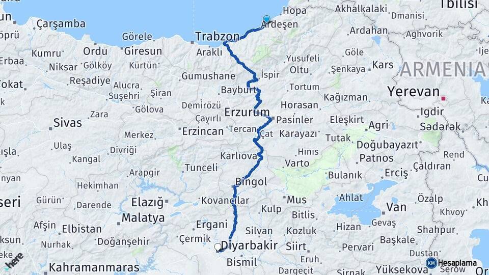 Rize Fındıklı Diyarbakır Arası Kaç Km - Yol Haritası
