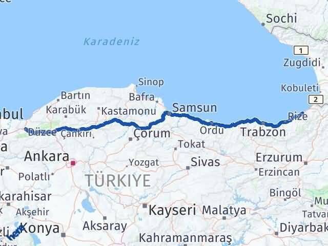 Rize Fındıklı Düzce Arası Kaç Km - Yol Haritası