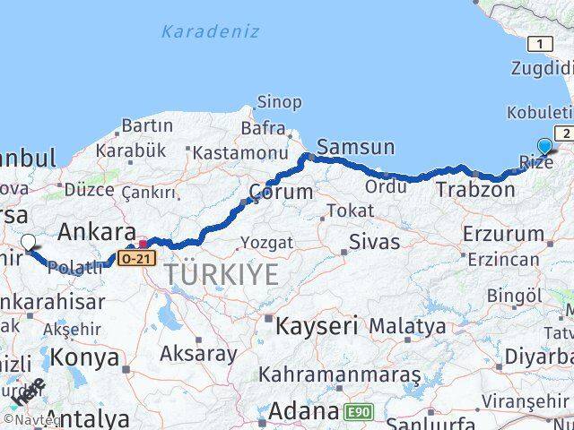 Rize Fındıklı Eskişehir Arası Kaç Km - Yol Haritası