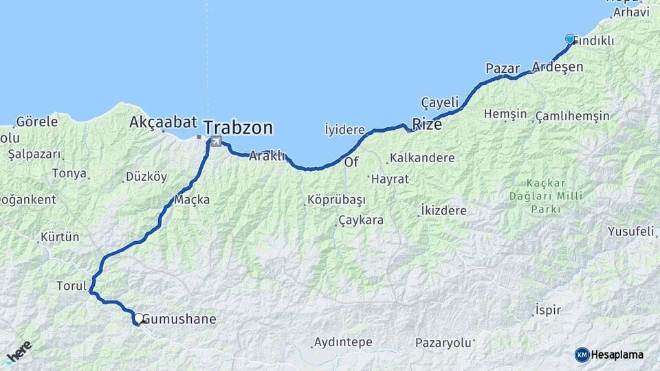 Rize Fındıklı Gümüşhane Arası Kaç Km - Yol Haritası