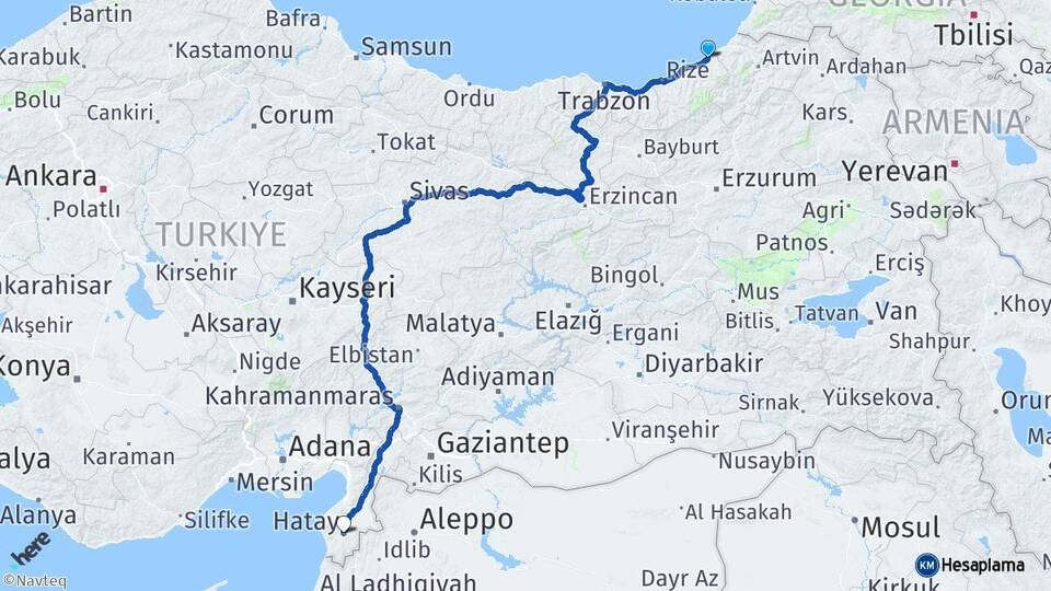 Rize Fındıklı Hatay Arası Kaç Km - Yol Haritası