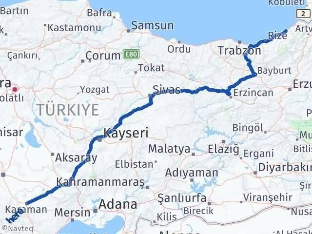 Rize Fındıklı Karaman Arası Kaç Km - Yol Haritası