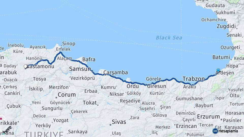 Rize Fındıklı Kastamonu Arası Kaç Km - Yol Haritası
