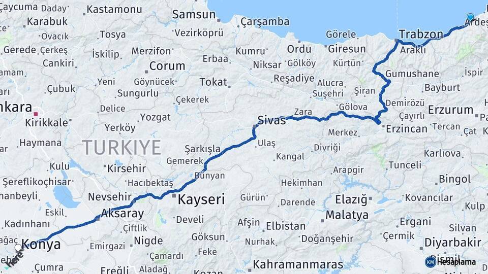 Rize Fındıklı Konya Arası Kaç Km - Yol Haritası