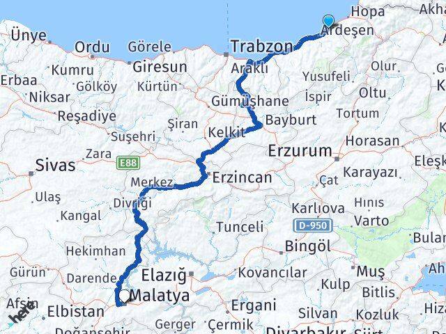 Rize Fındıklı Malatya Arası Kaç Km - Yol Haritası