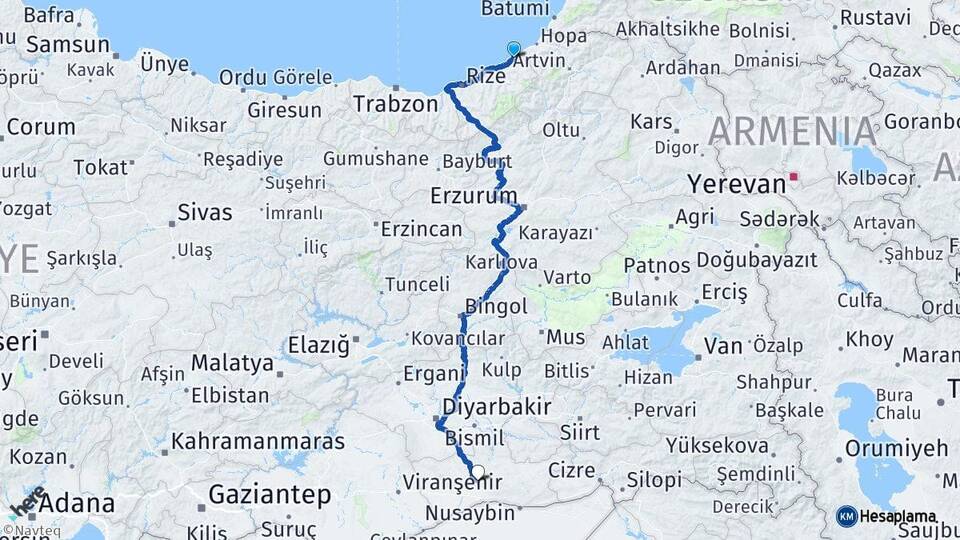 Rize Fındıklı Mardin Arası Kaç Km - Yol Haritası