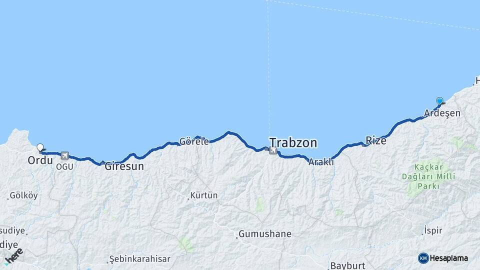 Rize Fındıklı Ordu Arası Kaç Km - Yol Haritası