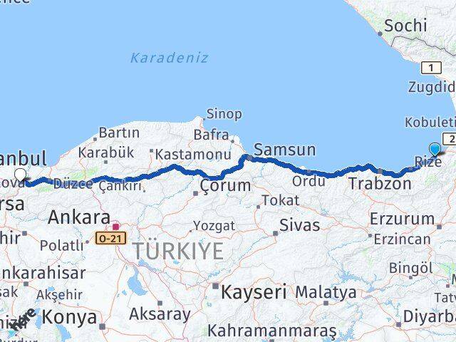 Rize Fındıklı Sakarya Arası Kaç Km - Yol Haritası