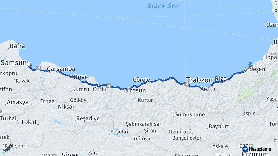 Rize Fındıklı Samsun Arası Kaç Km - Yol Haritası
