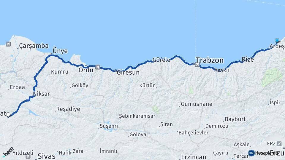 Rize Fındıklı Tokat Arası Kaç Km - Yol Haritası