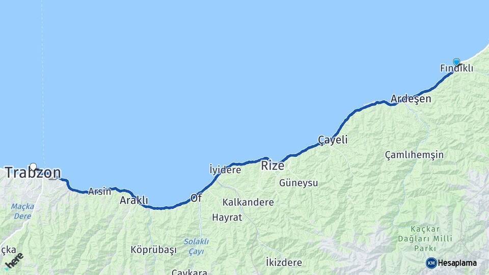 Rize Fındıklı Trabzon Arası Kaç Km - Yol Haritası