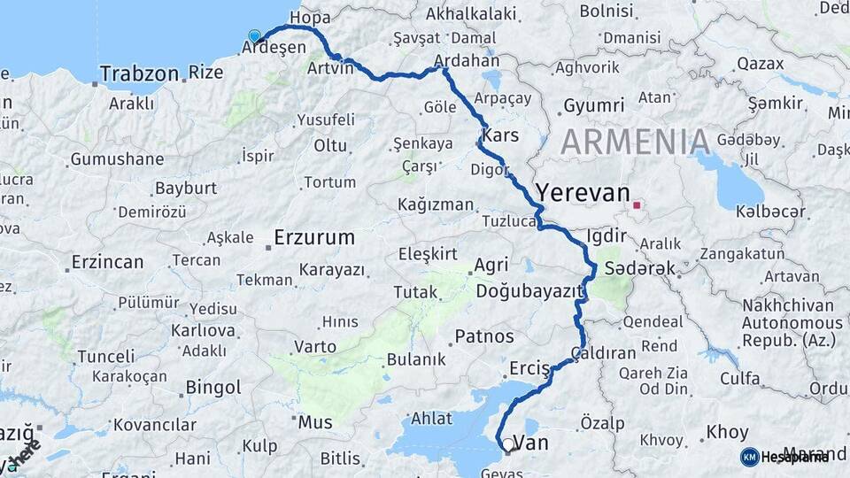 Rize Fındıklı Van Arası Kaç Km - Yol Haritası