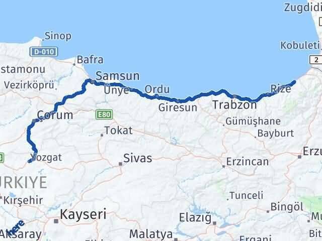 Rize Fındıklı Yozgat Arası Kaç Km - Yol Haritası
