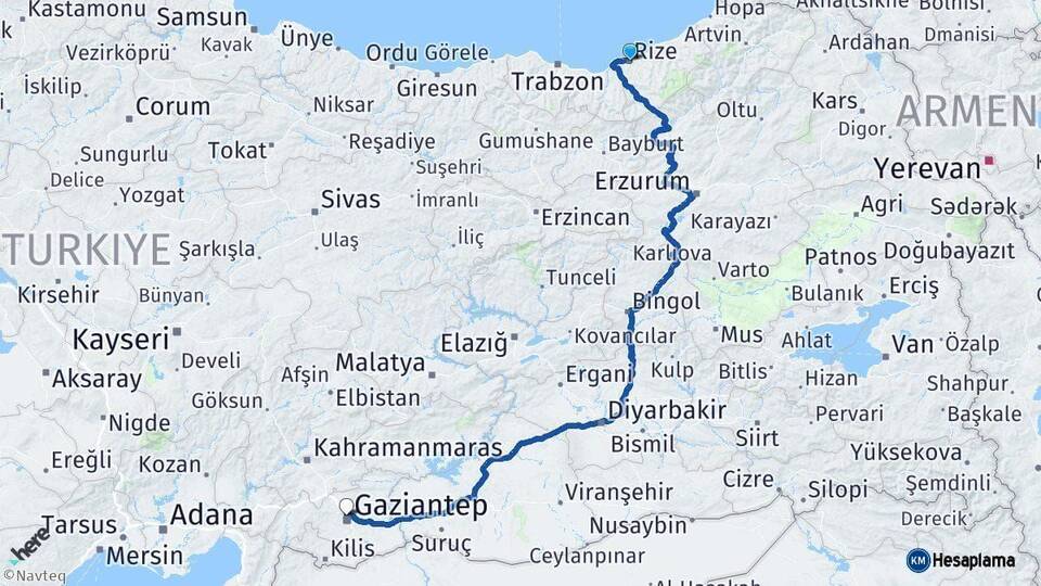 Rize Gaziantep Arası Kaç Km - Yol Haritası
