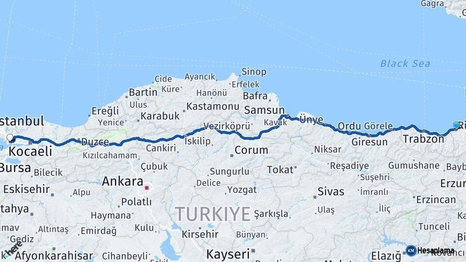 Rize Gebze Kocaeli Arası Kaç Km - Yol Haritası