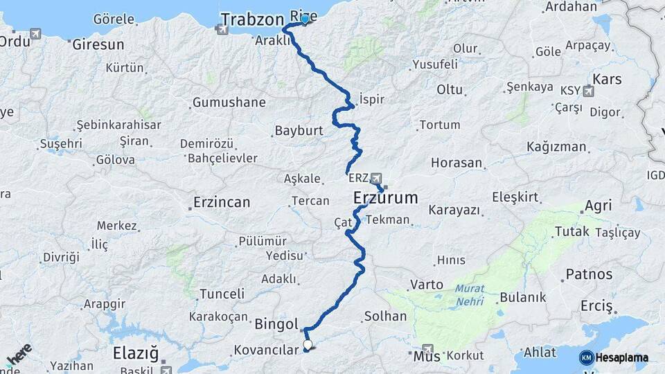 Rize Genç Bingöl Arası Kaç Km - Yol Haritası