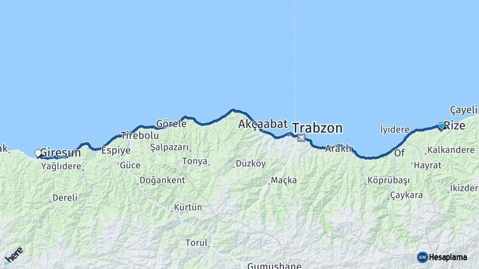 Rize Giresun Arası Kaç Km - Yol Haritası