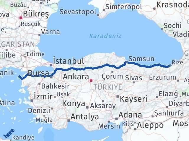 Rize Gökçeada Çanakkale Arası Kaç Km - Yol Haritası