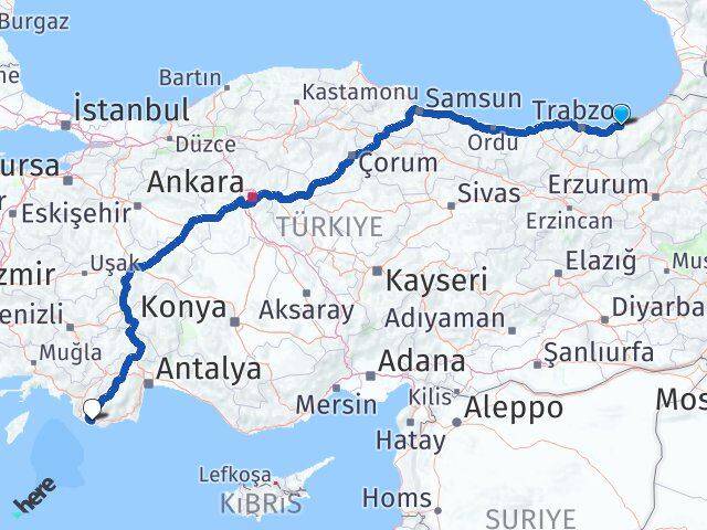 Rize Gökçeören Kaş Antalya Arası Kaç Km - Yol Haritası