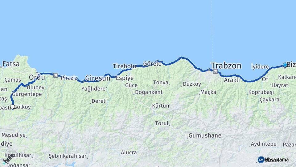 Rize Gölköy Ordu Arası Kaç Km - Yol Haritası